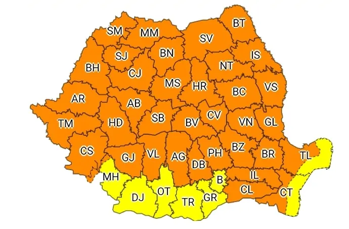 COD PORTOCALIU de ploi torenţiale, grindină şi vijelii, până la noapte!