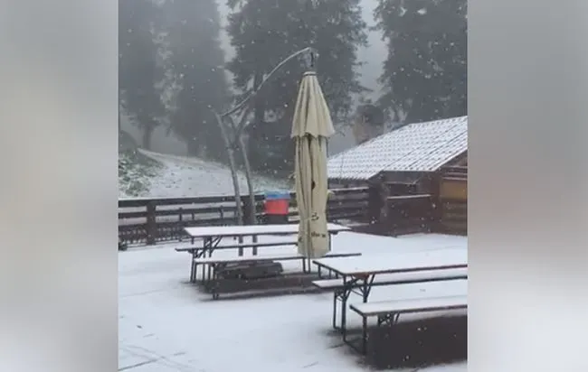 VIDEO Prima ninsoare din această vară, la Cabana Postăvarul din Poiana Brașov!