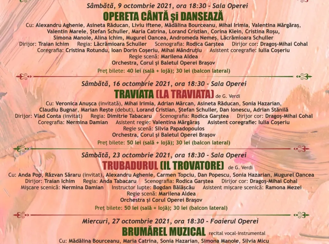 Programul spectacolelor din octombrie, de la Opera Brașov