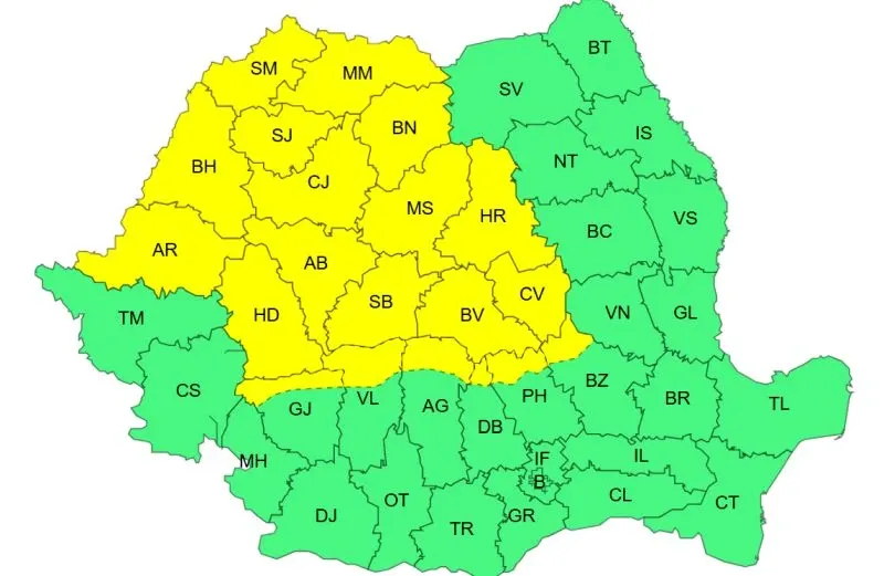 Alerte COD GALBEN de vreme instabilă în majoritatea regiunilor, marți și miercuri